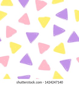 Hand Draw Triangle Pattern Kids purple, Pink, Yellow. Vector Endless Background pencil Texture of Triangle in pastel colors. The template for the packaging, baby textile, website background