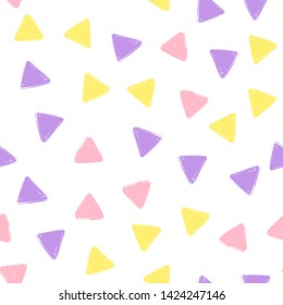 Hand Draw Triangle Pattern Kids purple, Pink, Yellow. Vector Endless Background pencil Texture of Triangle in pastel colors. The template for the packaging, baby textile, website background