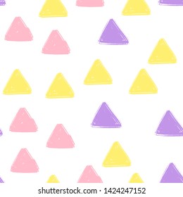 Hand Draw Triangle Pattern Kids purple, Pink, Yellow. Vector Endless Background pencil Texture of Triangle in pastel colors. The template for the packaging, baby textile, website background