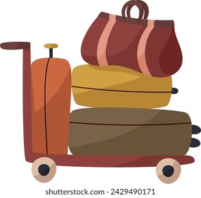 Carro de dibujo a mano con cuatro maletas para viajar. Bolsos de viaje en estilo retro aislados en blanco. Equipaje de mano con mango. Ilustración vectorial. Marrón, amarillo, colores. Tren, avión, autobús viajando. 