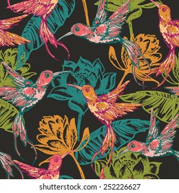 Hand draw tropical  background with hummingbirds and flowers. Seamless pattern.