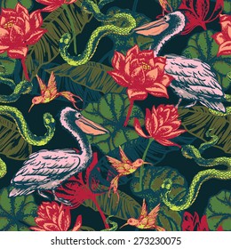 Hand draw tropical fantasy background. Vector illustration. Seamless pattern.