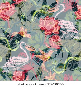 Hand draw tropical fantasy background. Vector illustration. Seamless pattern.