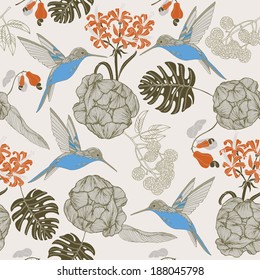 hand draw tropical flower and bird,blossom cluster seamless pattern background