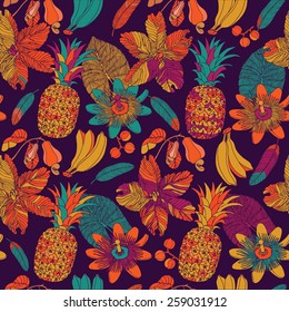 hand draw tropical flower and fruits,blossom cluster seamless pattern background