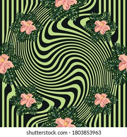 hand draw tropical flower,blossom cluster seamless pattern background, strip distortion, hibiscus flower