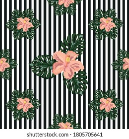 hand draw tropical flower,blossom cluster seamless pattern background, strip distortion, hibiscus flower