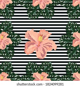 hand draw tropical flower,blossom cluster seamless pattern background, strip distortion, hibiscus flower