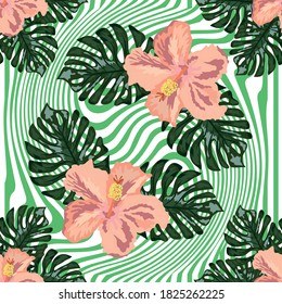 hand draw tropical flower,blossom cluster seamless pattern background, strip distortion, hibiscus flower