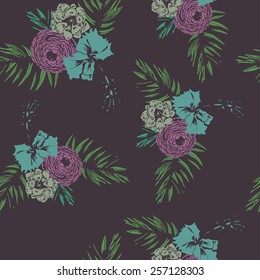 Hand draw tropical flower,blossom cluster seamless pattern background