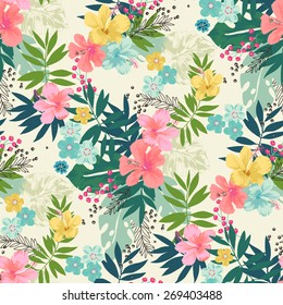 Hand draw tropical flower,blossom cluster seamless pattern background