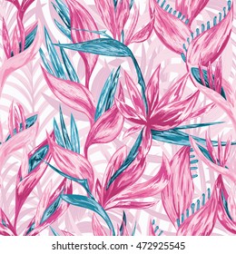 Hand draw tropical flowers and leaves seamless pattern