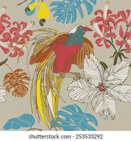 hand draw tropical flowers and paradise bird, blossom cluster seamless pattern background