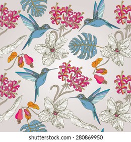 hand draw tropical flowers and paradise birds, blossom cluster seamless pattern background
