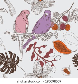 Hand draw tropical flowers and parrots. Seamless pattern background.