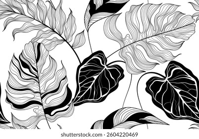 Hand draw tropical leaves pattern. Abstract doodle pattern. Exotic background