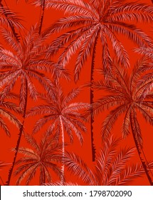 Hand Draw Tropical Palm Seamless Pattern On Red Background Wallpaper