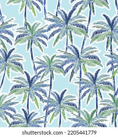 Hand draw Tropical Palm Seamless Pattern On light Blue color Background 