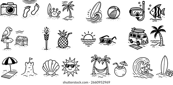 Hand draw Tropical Vacation Line Icons.