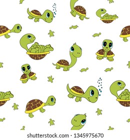 Hand draw turtles. Vector illustration, seamless pattern