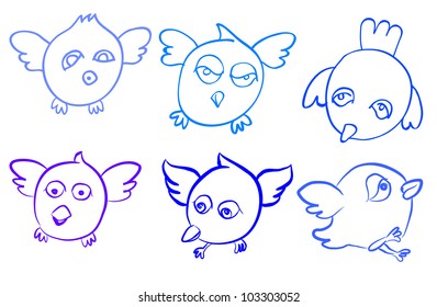 hand draw of tweeter birds in six blue color