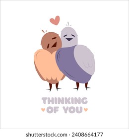 Hand draw two bird with heart. Valentine's day poscard with lettering thinking of you.Peach fuzz, pink, brown, purple and red colors. Vector illustration on white background.Doodle style.