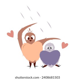 Hand draw two bird with heart under the rain. Valentine's day illustration. Peach fuzz, pink, brown, purple and red colors. Vector illustration isolated on white background.Doodle style.