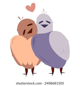 Hand draw two bird with heart. Valentine's day illustration. Peach fuzz, pink, brown, purple and red colors. Vector illustration isolated on white background.Cartoon style.