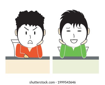 Hand draw of two boy showing different emotions isolated on a white background