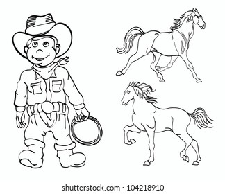 hand draw of two horses and little cowboy in outline style