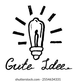 Hand draw unusual light bulb with hand writing in German “good idea”. Vector, isolated with texture. Doodle, ink, stylish.