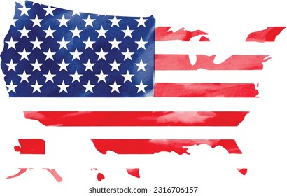 Hand draw USA flag on America map watercolor  brush paint isolate on white background. Vector illustration 