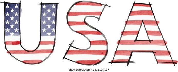 Hand draw USA text with United state of  America  flag inside  watercolor  brush paint isolate on white background. Vector illustration 