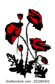 hand draw using paintbrush red and black poppies