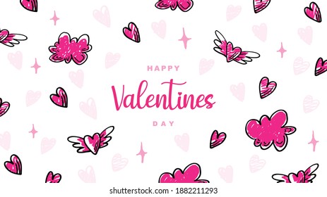 Hand draw valentine's day background with clouds and hearts