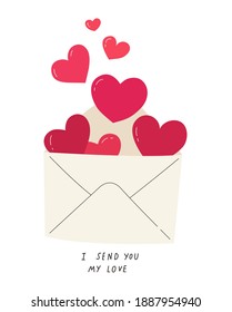 Hand draw Valentine's day letter full of heart. Illustration for greeting card, prints, flyers, posters, holiday invitations and more. Love letter. Flat vector design. I send you my love massage.