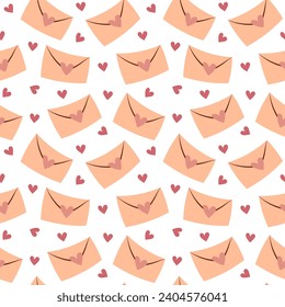 Hand draw Valentine's Day pattern envelopes with heart isolated on white. Peach Fuzz, pink colors.