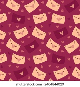 Hand draw Valentine's Day pattern envelopes with heart isolated on white. Peach Fuzz, red colors.