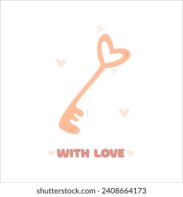 Hand draw Valentine's day poscard with key, hearts and lettering with love.Peach fuzz, pink and red colors. Vector illustration on white background.Doodle style.