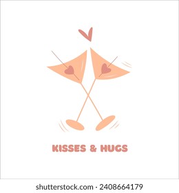 Hand draw Valentine's day poscard with two glasses of martini and lettering kisses and hugs.Peach fuzz, pink and red colors. Vector illustration on white background.Doodle style.