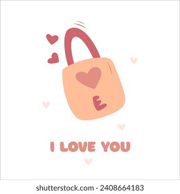 Hand draw Valentine's day poscard with lock, hearts and lettering i love you.Peach fuzz, pink and red colors. Vector illustration on white background.Doodle style.