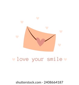 Hand draw Valentine's day poscard with envelope and hearts and lettering love your smile.Peach fuzz, pink and red colors. Vector illustration on white background.Doodle style.