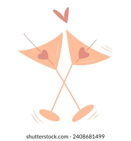 Hand draw Valentine's day two glasses of martini. Peach fuzz, pink and red colors. Vector illustration on white background.Doodle style. For postcard, wrapping, package, wallpaper and banner.