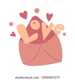 Hand draw Valentine's envelope with hearts and lettering love. Peach fuzz, pink and red colors. Vector illustration on white background.Word love with heart and dots. Doodle style.