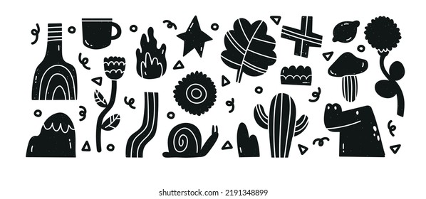 Hand draw various strange creatures and objects. Abstract figures. Fictional animals and flowers. Black trendy Vector illustration set.  All elements are isolated