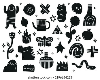 Hand draw various strange creatures and objects. Abstract figures. Fictional animals and flowers. Black trendy Vector illustration set. All elements are isolated