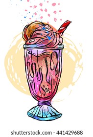 Hand draw vector abstract illustration of milkshake dessert in glass .Design for kids menu,children birthday party,milk shake cafe,smoothie menu.