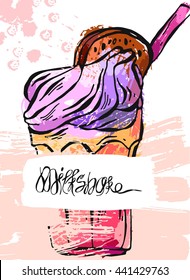 Hand draw vector abstract textured card of milkshake.Design for kids menu,birthday.Card template.Monstershake in cocktail jar image.