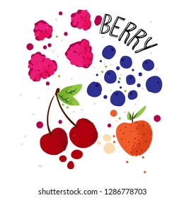 Hand draw vector berries set. Strawberry, cherry, blueberry in one collection, isolated on white background. Sweet tasty textured berry, hand draw style. Berries set