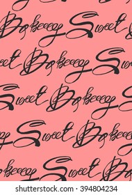 Hand draw vector calligraphy Sweet Bakery pattern on coral color  background for food and drink, restaurant, cafe and bar, food delivery.